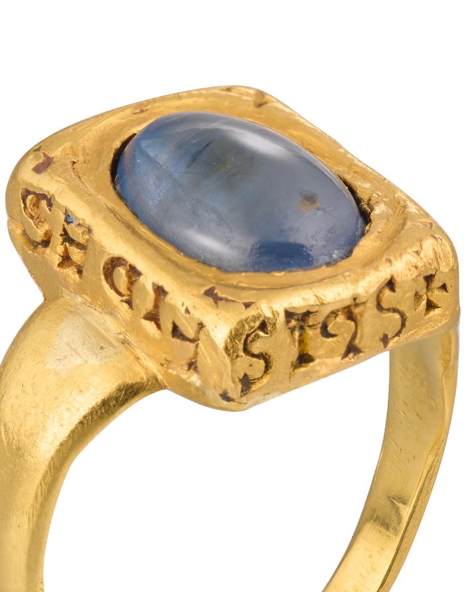 Bague Médiévale Amulétique En Or Et Saphir. Anglais Ou Français, 14ème Siècle.-photo-3