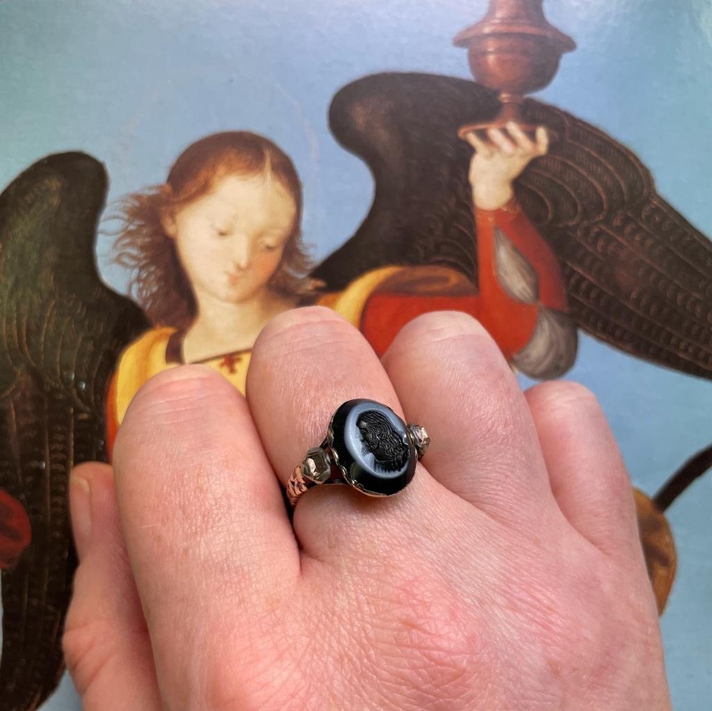 Bague En Or Et Diamants Avec Une Intaille Du Christ. Italien Ou Allemand, Vers 1670. -photo-2