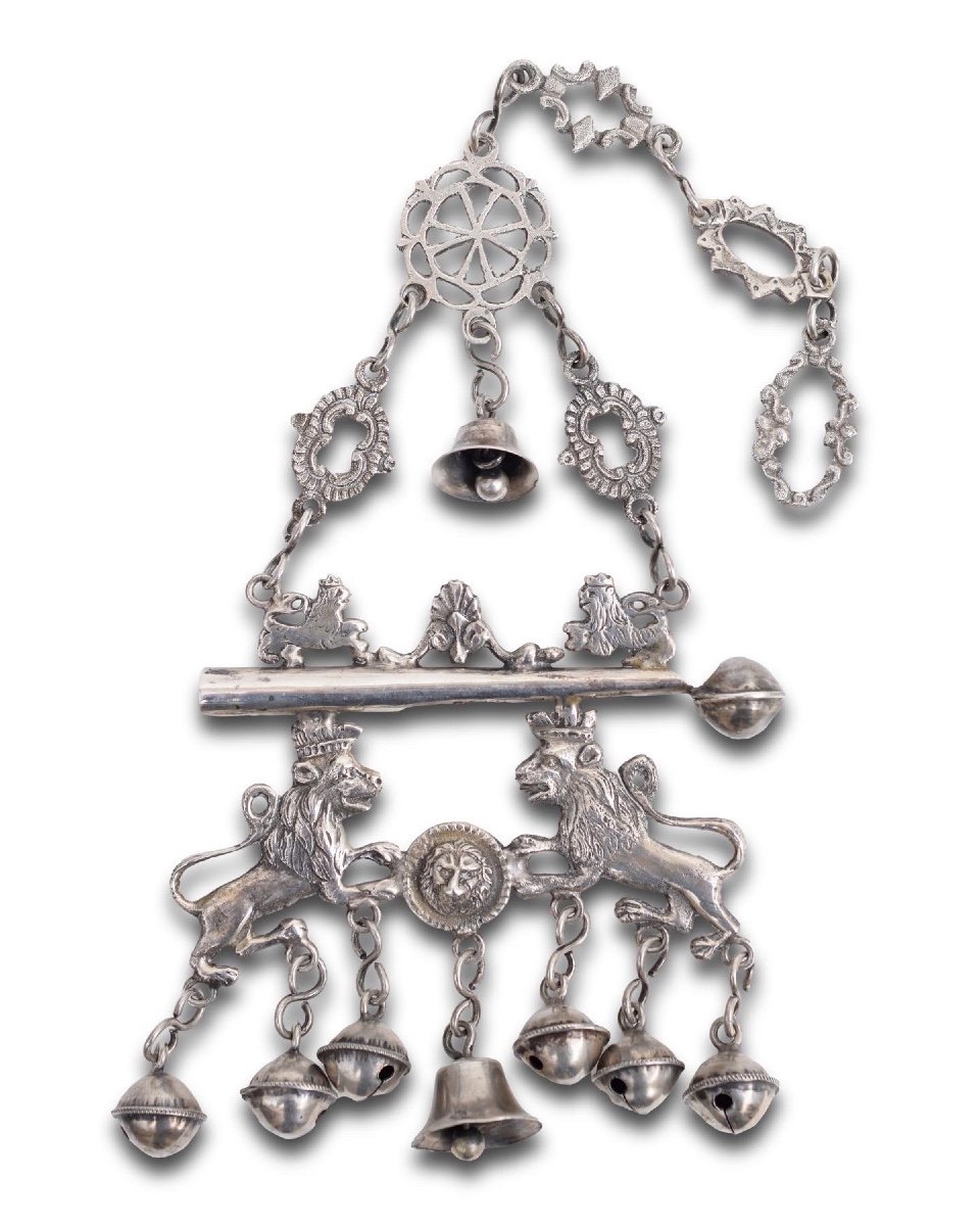 Silver Whistle With Lions And Bells. Spanish, Hallmarks Of Madrid, Eighteenth Century