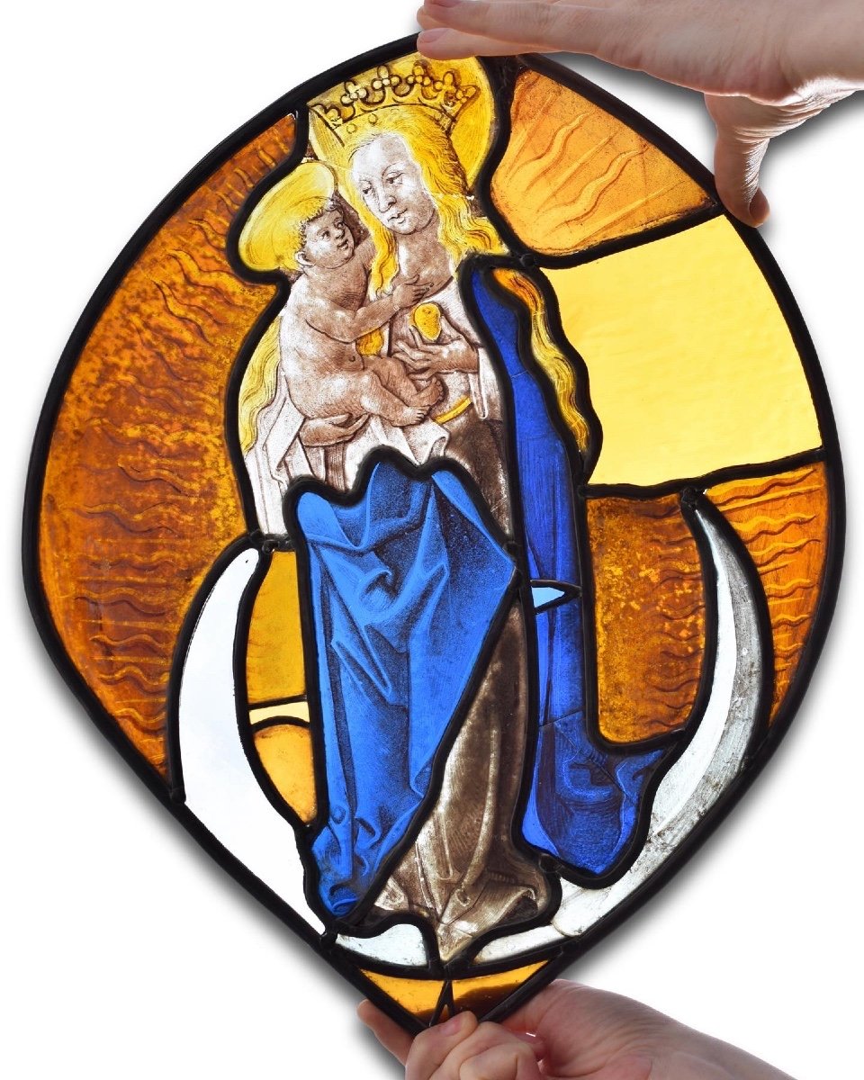 Beautiful Stained Glass Panel Of The Virgin And Child. German, Late 15th Century