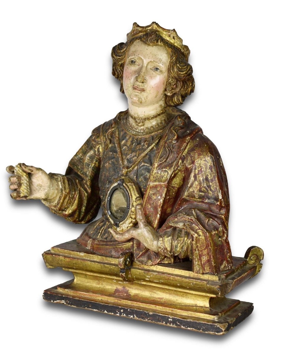 Buste Reliquaire En Bois Polychrome d'Une Sainte. Espagnol, Début Du XVIIe Siècle -photo-2