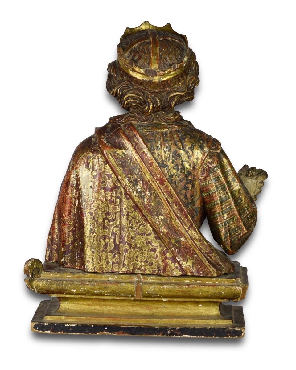 Buste Reliquaire En Bois Polychrome d'Une Sainte. Espagnol, Début Du XVIIe Siècle -photo-2