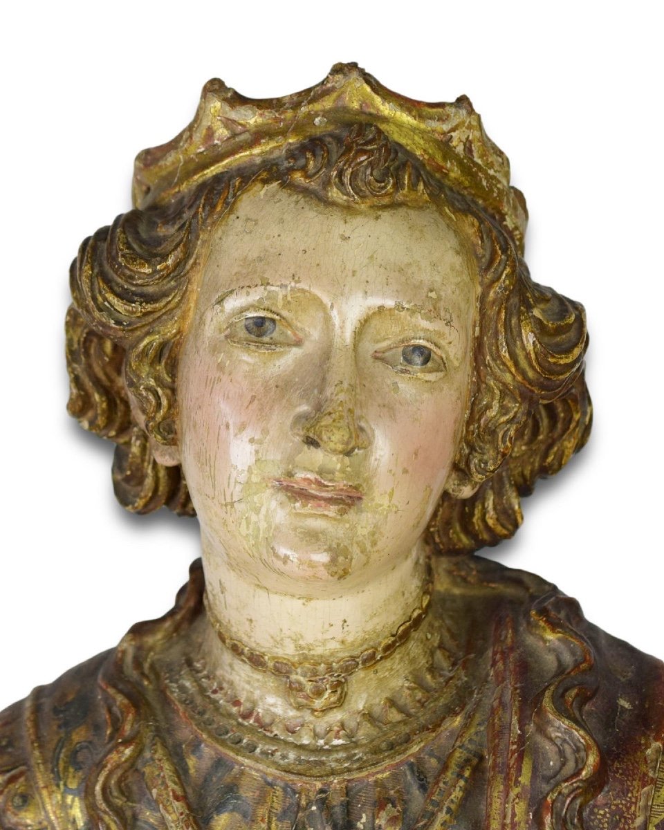 Buste Reliquaire En Bois Polychrome d'Une Sainte. Espagnol, Début Du XVIIe Siècle -photo-3