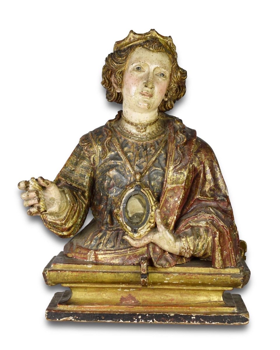 Buste Reliquaire En Bois Polychrome d'Une Sainte. Espagnol, Début Du XVIIe Siècle 