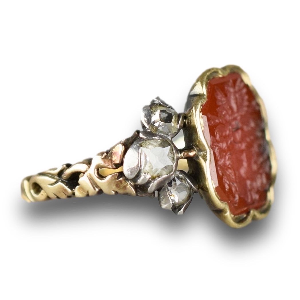 Diamond Set Gold And Carnelian Signet Ring.   german, Late 18th Century.-photo-1