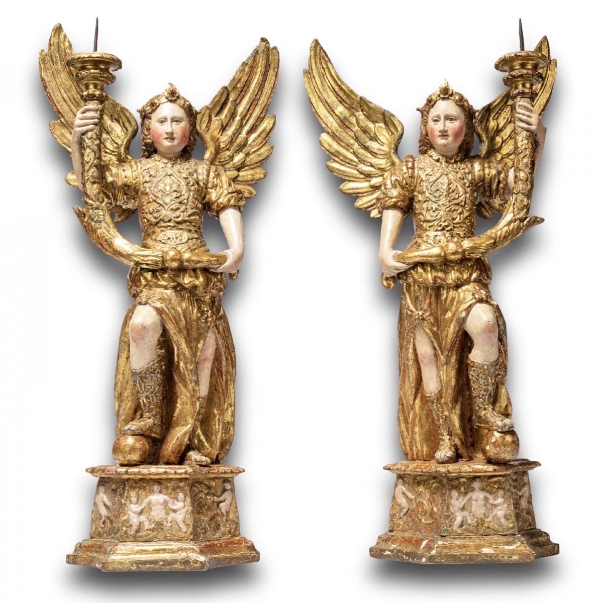 Pair Of Gilded Wooden Torcheres Of Angels. North Italian, 17th Century.-photo-4