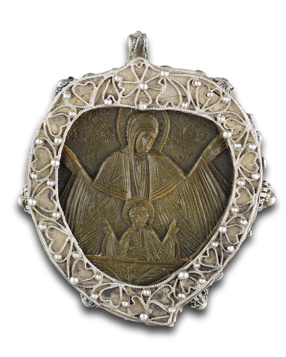 Orthodox Silver Mounted Horn Pendant. Probably Mount Athos, 18th/19th Century.-photo-2