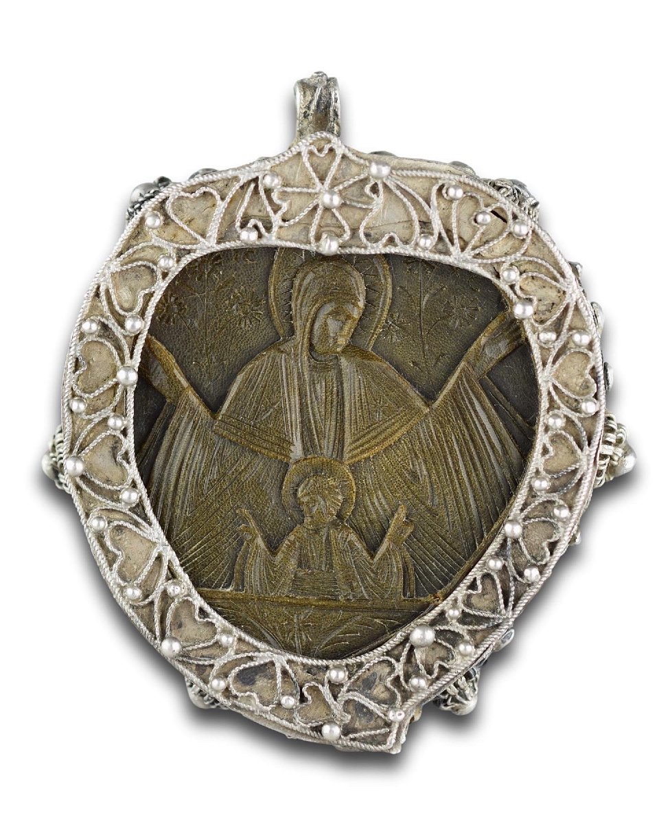 Pendentif Orthodoxe En Corne Monté Sur Argent. Probablement Le Mont Athos, XVIIIe/xixe Siècle. -photo-2