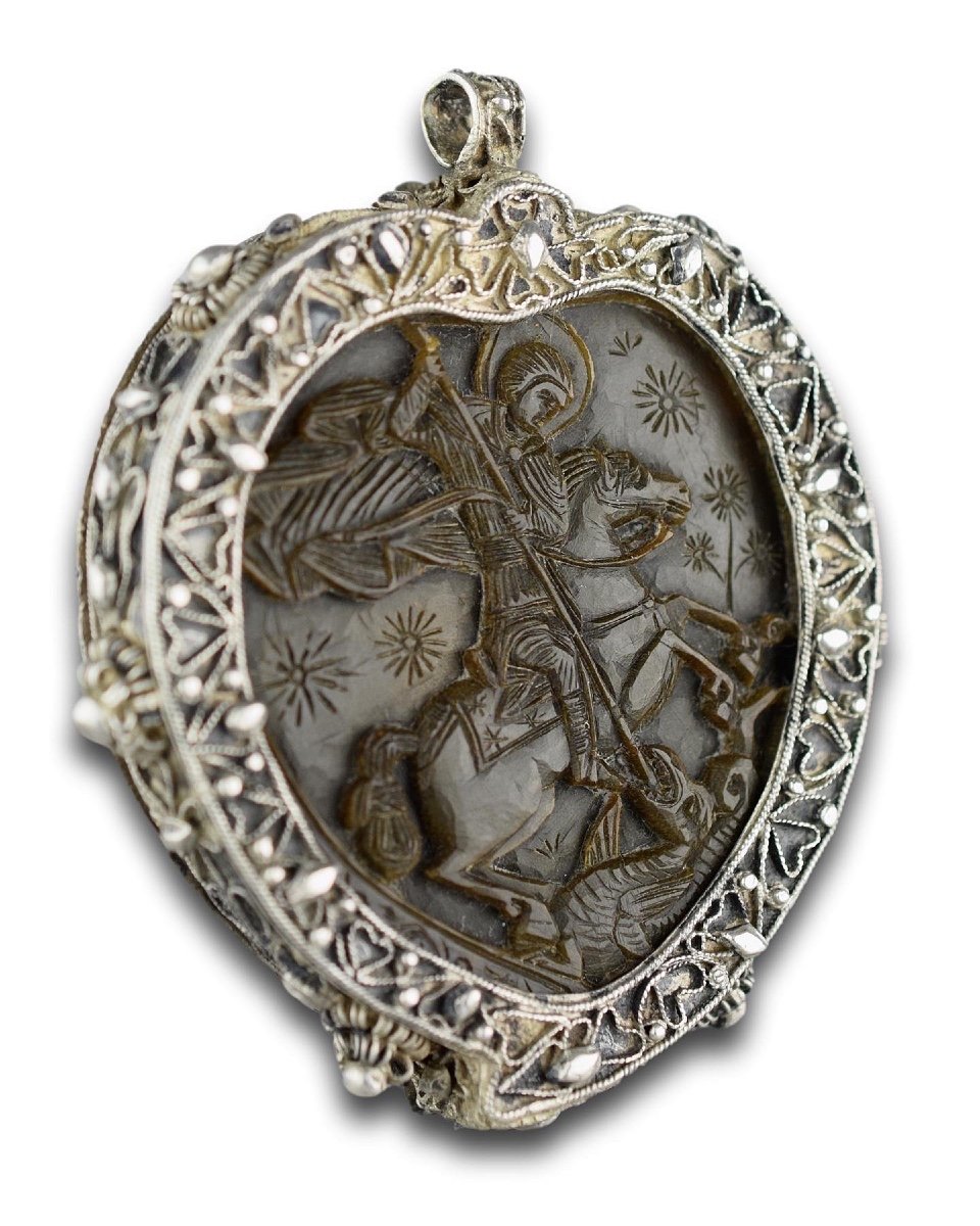 Orthodox Silver Mounted Horn Pendant. Probably Mount Athos, 18th/19th Century.-photo-1