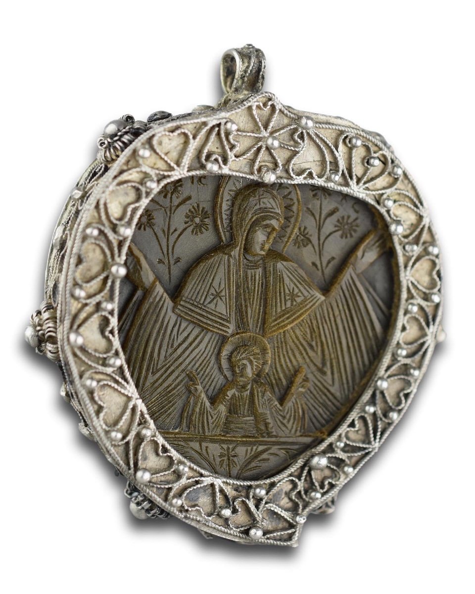 Pendentif Orthodoxe En Corne Monté Sur Argent. Probablement Le Mont Athos, XVIIIe/xixe Siècle. -photo-3