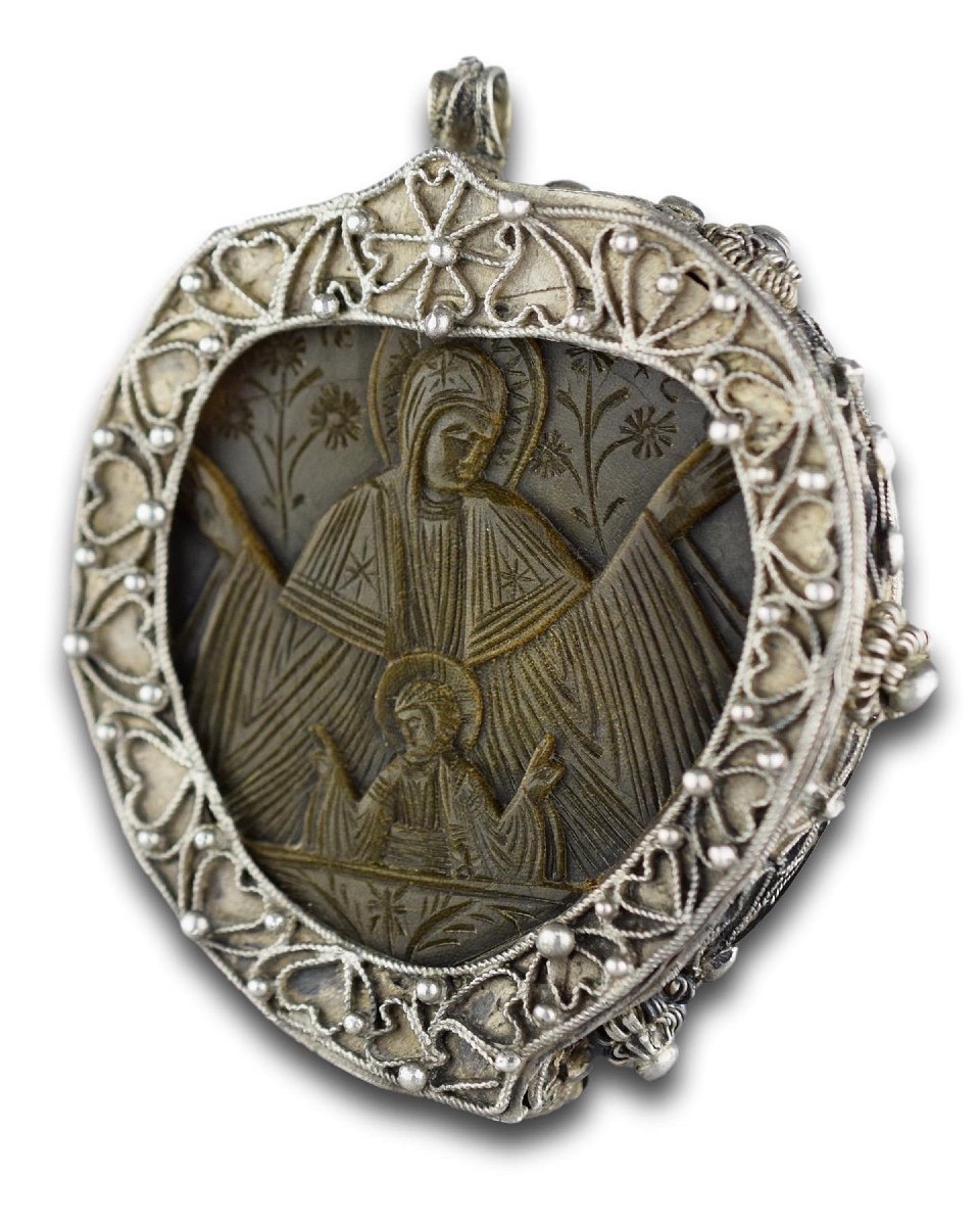 Pendentif Orthodoxe En Corne Monté Sur Argent. Probablement Le Mont Athos, XVIIIe/xixe Siècle. -photo-6