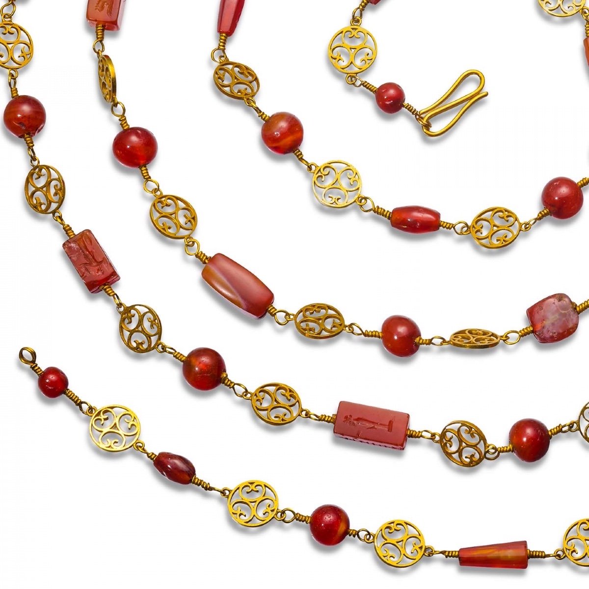 Archeological Revival Gold Long-chain Necklace With Ancient Carnelian Intaglios.-photo-4