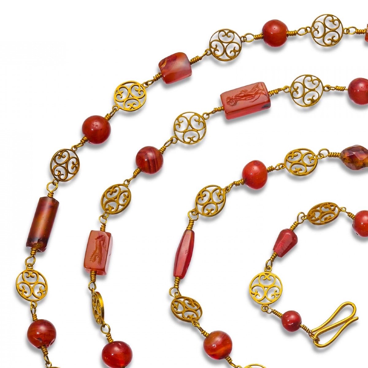Archeological Revival Gold Long-chain Necklace With Ancient Carnelian Intaglios.-photo-1