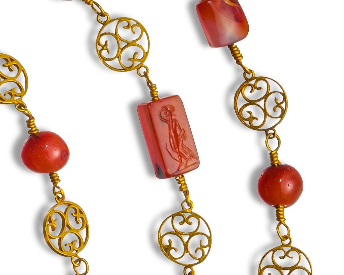 Archeological Revival Gold Long-chain Necklace With Ancient Carnelian Intaglios.-photo-2
