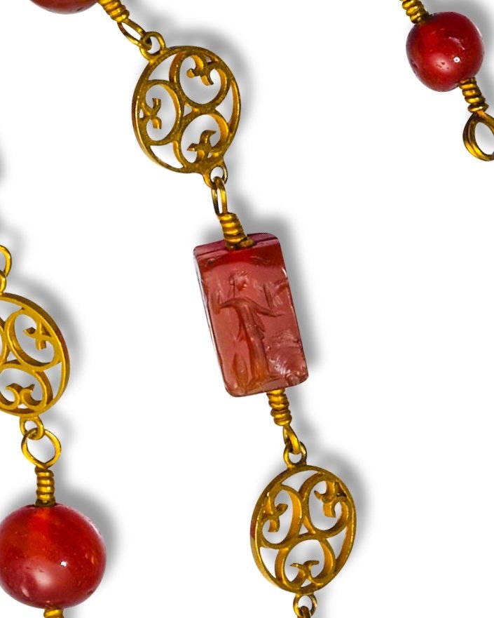 Archeological Revival Gold Long-chain Necklace With Ancient Carnelian Intaglios.-photo-4