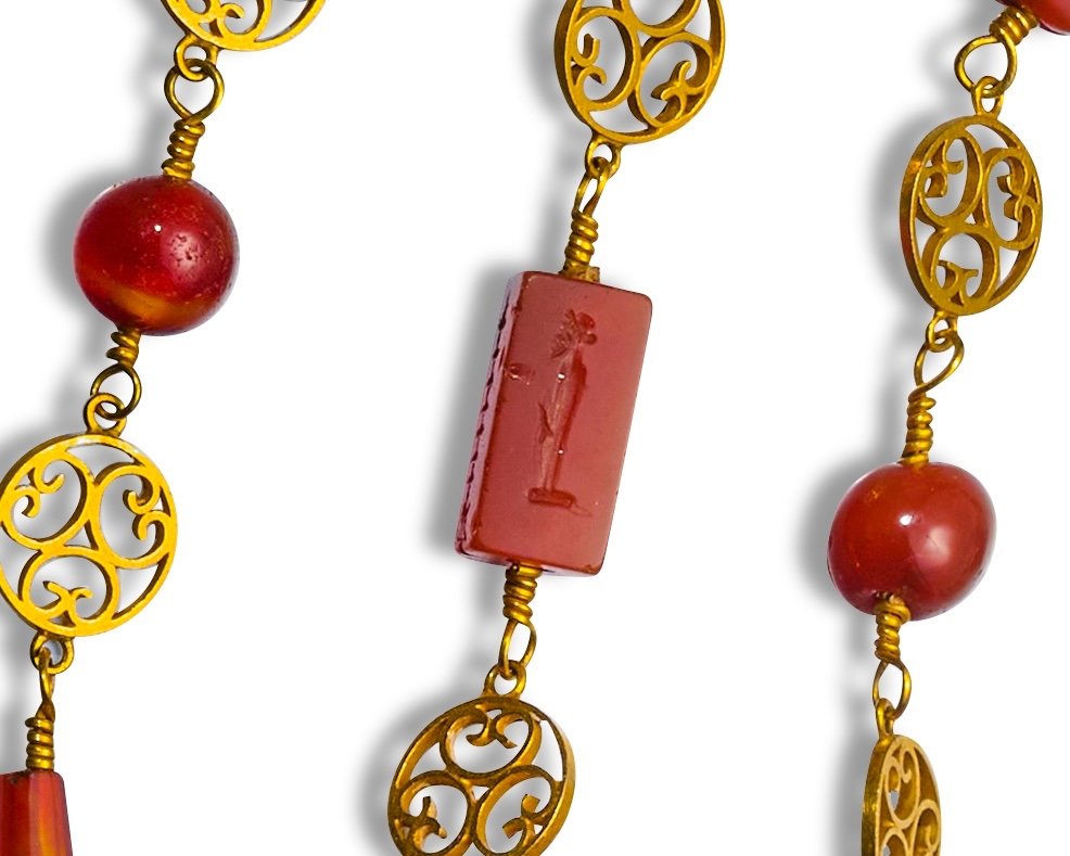 Archeological Revival Gold Long-chain Necklace With Ancient Carnelian Intaglios.-photo-5