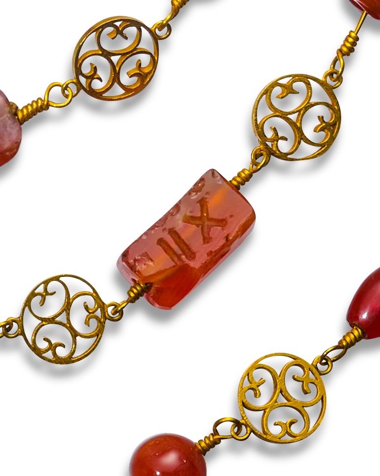 Archeological Revival Gold Long-chain Necklace With Ancient Carnelian Intaglios.-photo-6