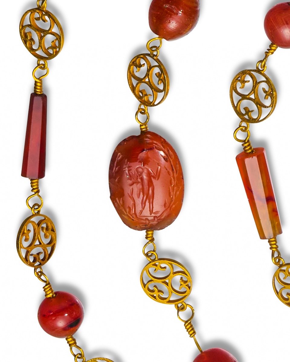 Archeological Revival Gold Long-chain Necklace With Ancient Carnelian Intaglios.-photo-7