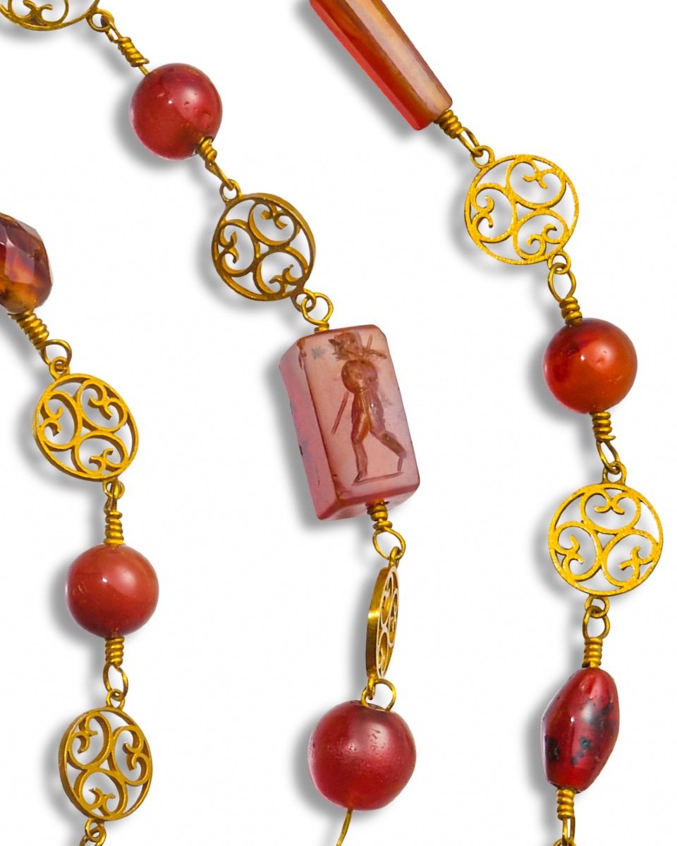 Archeological Revival Gold Long-chain Necklace With Ancient Carnelian Intaglios.-photo-8