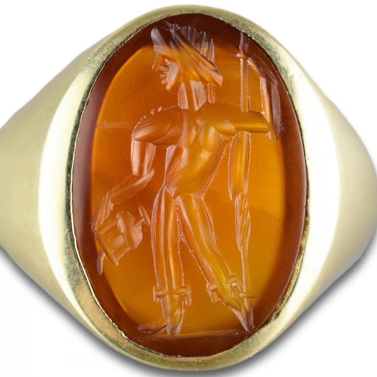 Bague En Or Avec Une Intaille En Cornaline Romaine Antique Du Dieu Mercure. -photo-3