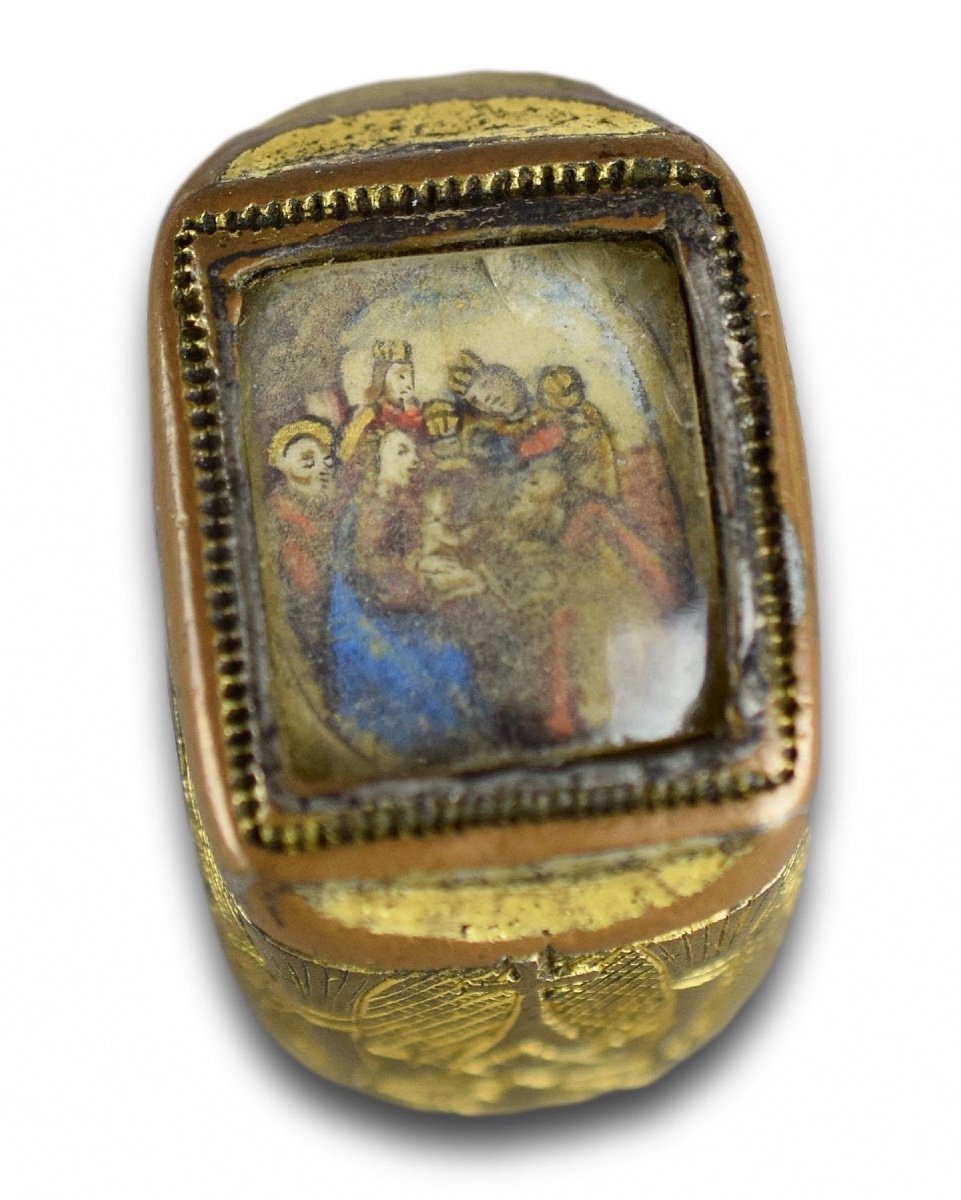Gilt Bronze Papal Ring Set With An Illuminated Miniature. Italian, 15th Century.