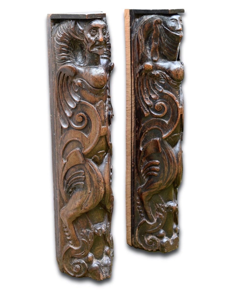 Paire De Pilastres En Noyer En Forme De Grotesques. Français, Fin Du XVIe Siècle.  -photo-4
