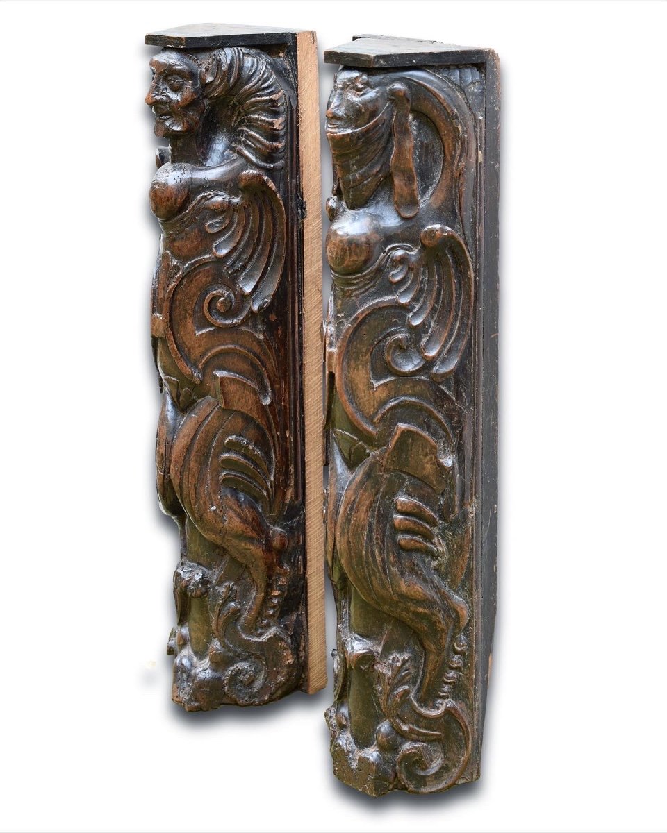 Paire De Pilastres En Noyer En Forme De Grotesques. Français, Fin Du XVIe Siècle.  -photo-2
