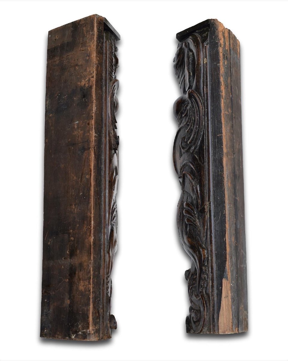 Paire De Pilastres En Noyer En Forme De Grotesques. Français, Fin Du XVIe Siècle.  -photo-4