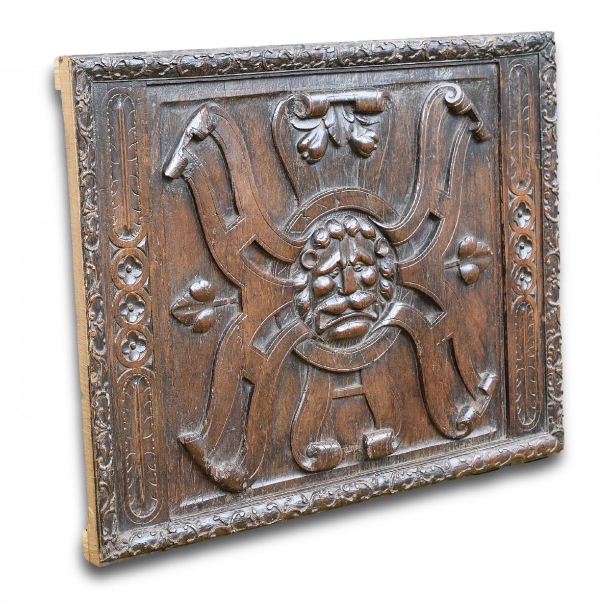 Large Walnut Panel Carved With The Head Of A Lion. French, Late 16th Century.-photo-4