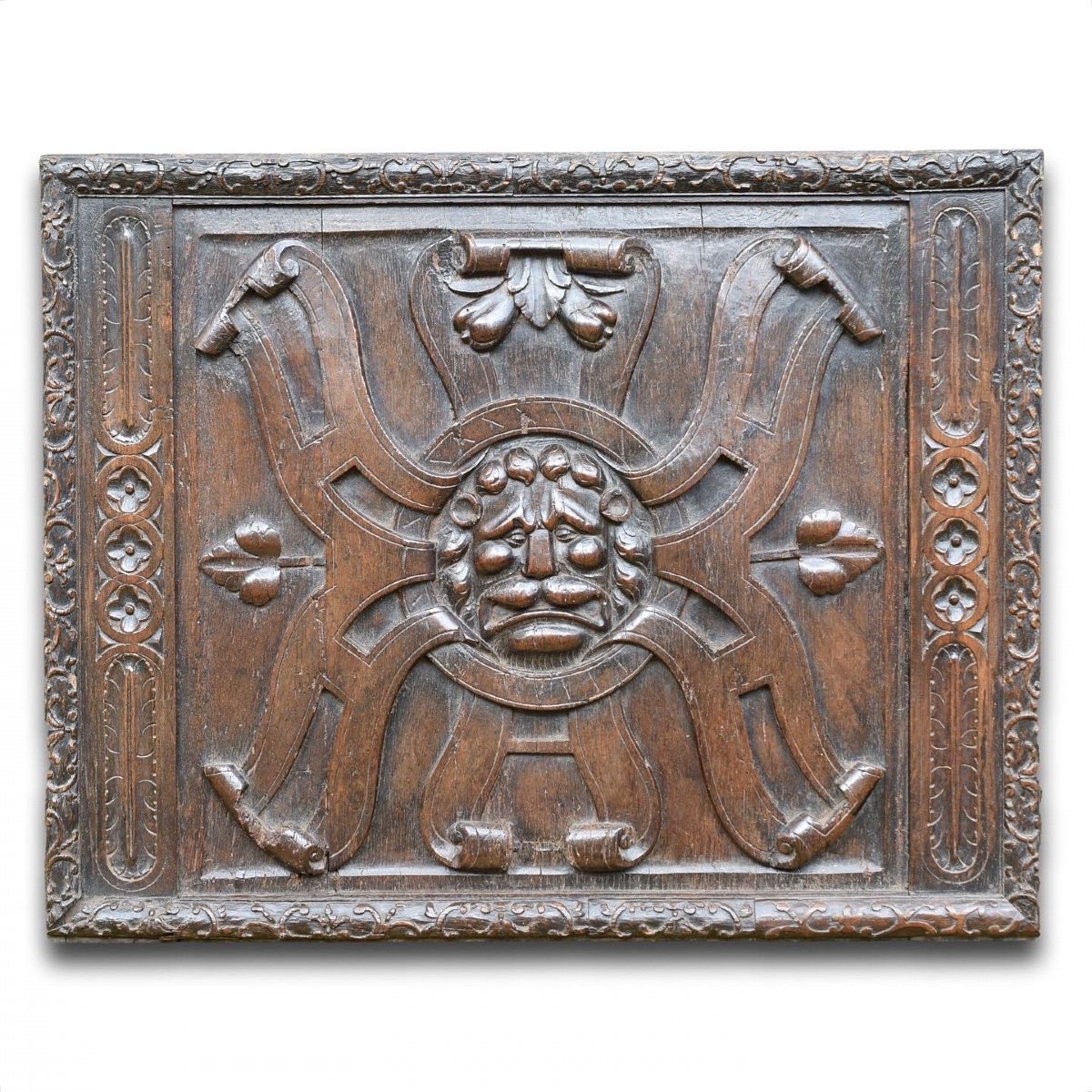 Large Walnut Panel Carved With The Head Of A Lion. French, Late 16th Century.-photo-2