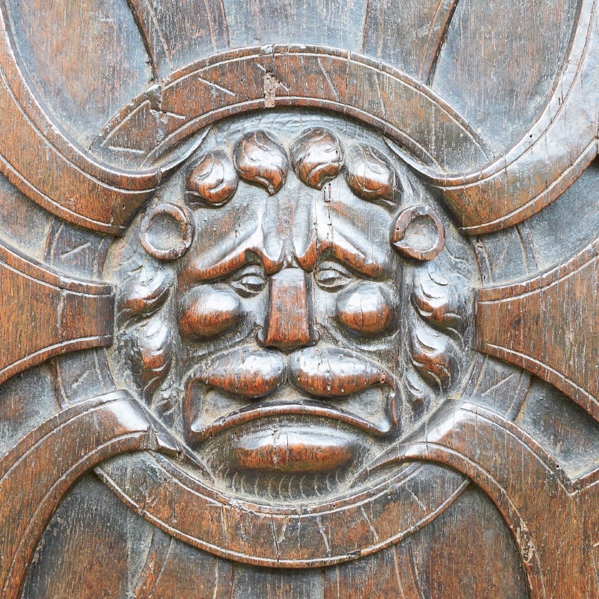 Large Walnut Panel Carved With The Head Of A Lion. French, Late 16th Century.-photo-4