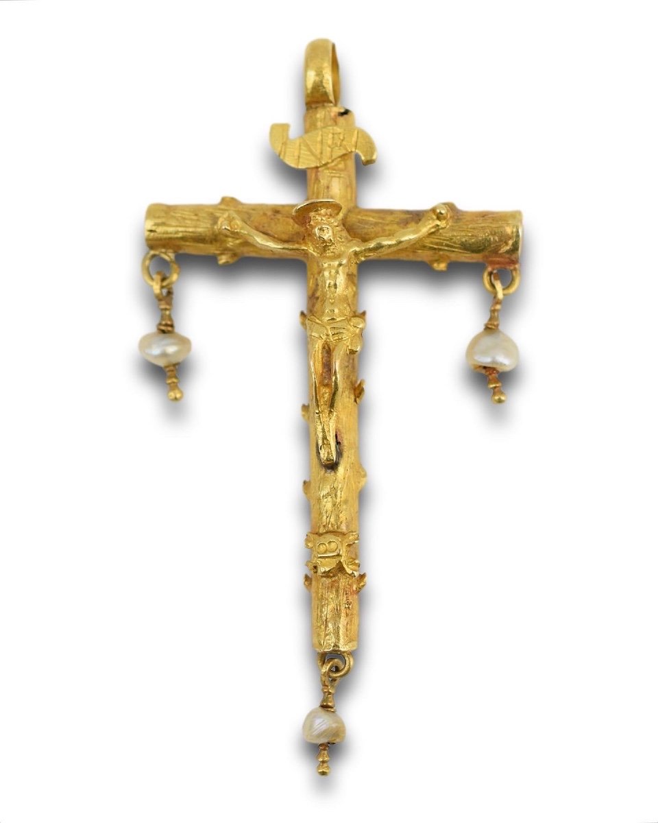 Gold & Enamel Crucifix Pendant With Baroque Pearls. Spanish, Late 16th Century.