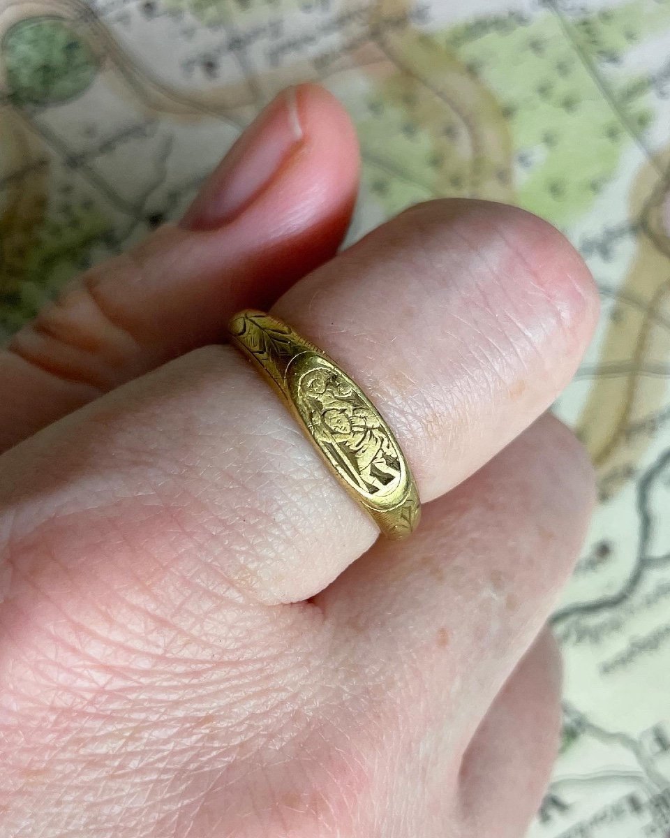 Bague En Or Iconographique Gravée De Saint Christophe. Anglais, XVe Siècle. -photo-4