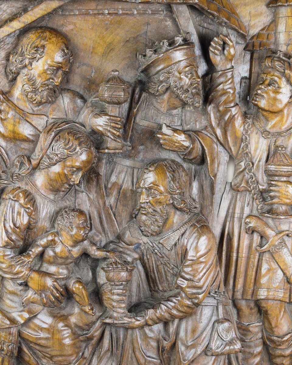 Relief En Noyer De l'Adoration Des Mages. Flamand, XVIe Siècle.   -photo-2