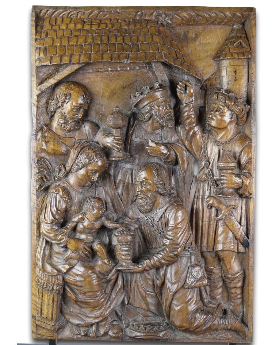 Relief En Noyer De l'Adoration Des Mages. Flamand, XVIe Siècle.   -photo-4