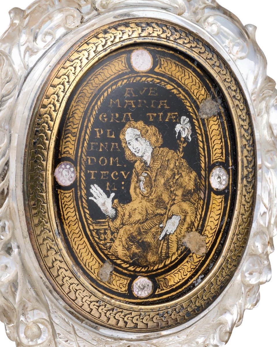 Rock crystal pendant with a verre églomisé miniature. Italian, 17th century.-photo-2
