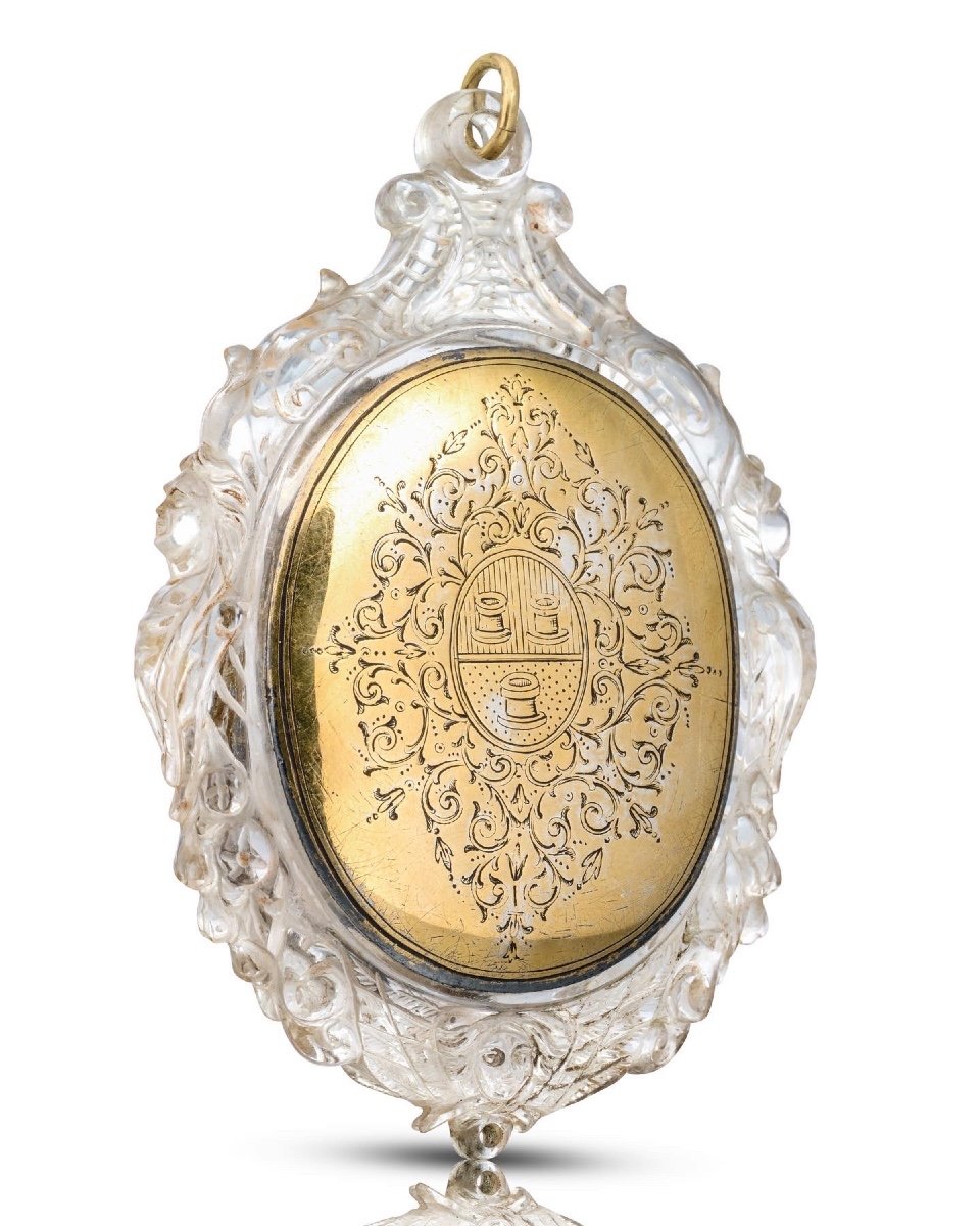 Rock crystal pendant with a verre églomisé miniature. Italian, 17th century.-photo-4