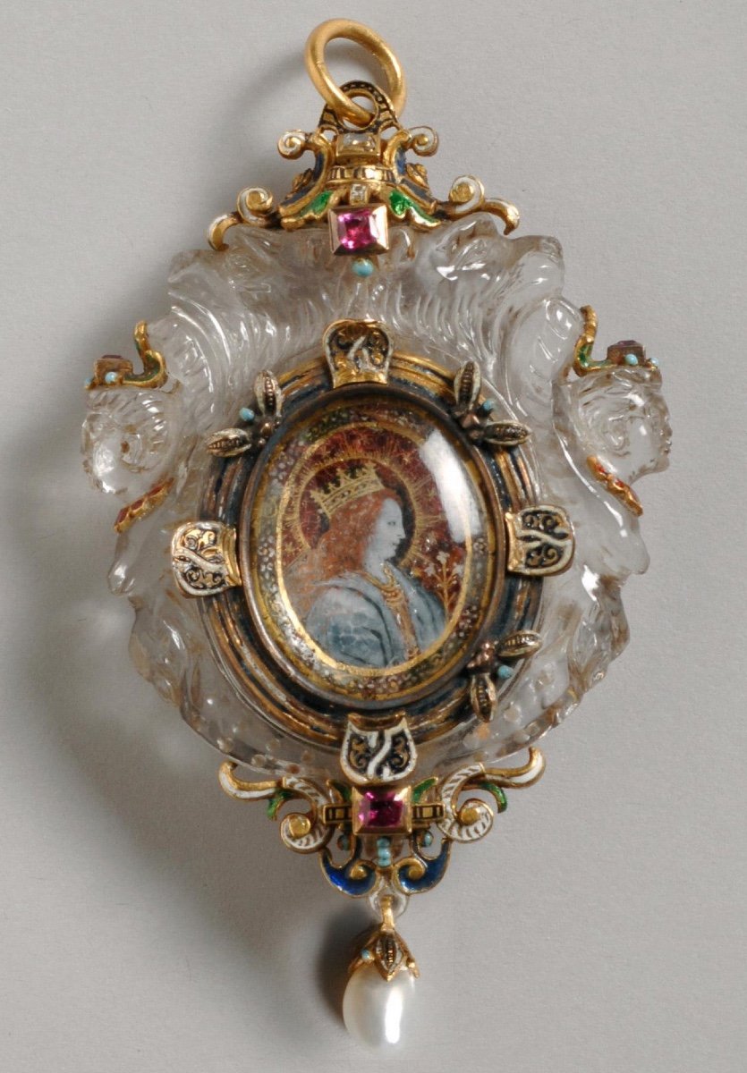 Rock crystal pendant with a verre églomisé miniature. Italian, 17th century.-photo-7