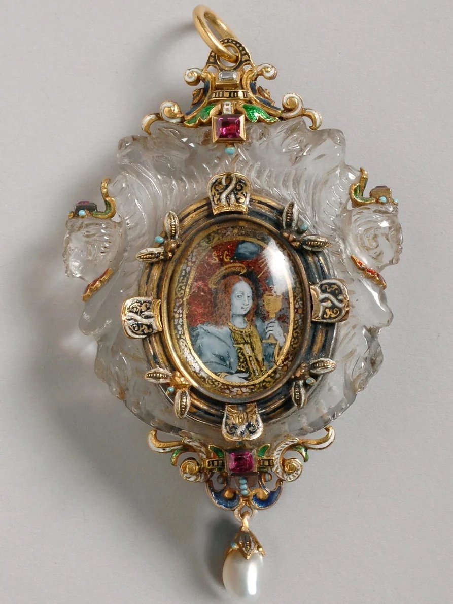 Rock crystal pendant with a verre églomisé miniature. Italian, 17th century.-photo-8