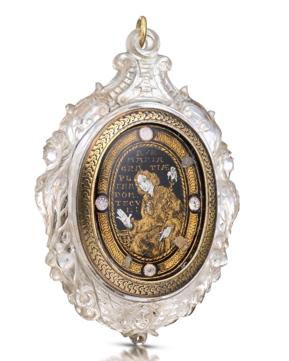 Rock crystal pendant with a verre églomisé miniature. Italian, 17th century.