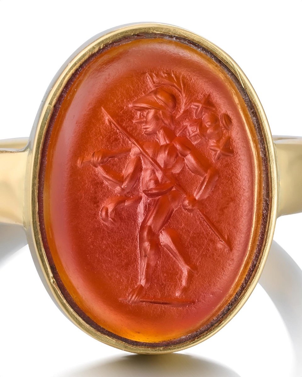 Gold Ring With An Ancient Carnelian Intaglio Of Mars. Roman, 2nd Century A.d.-photo-4