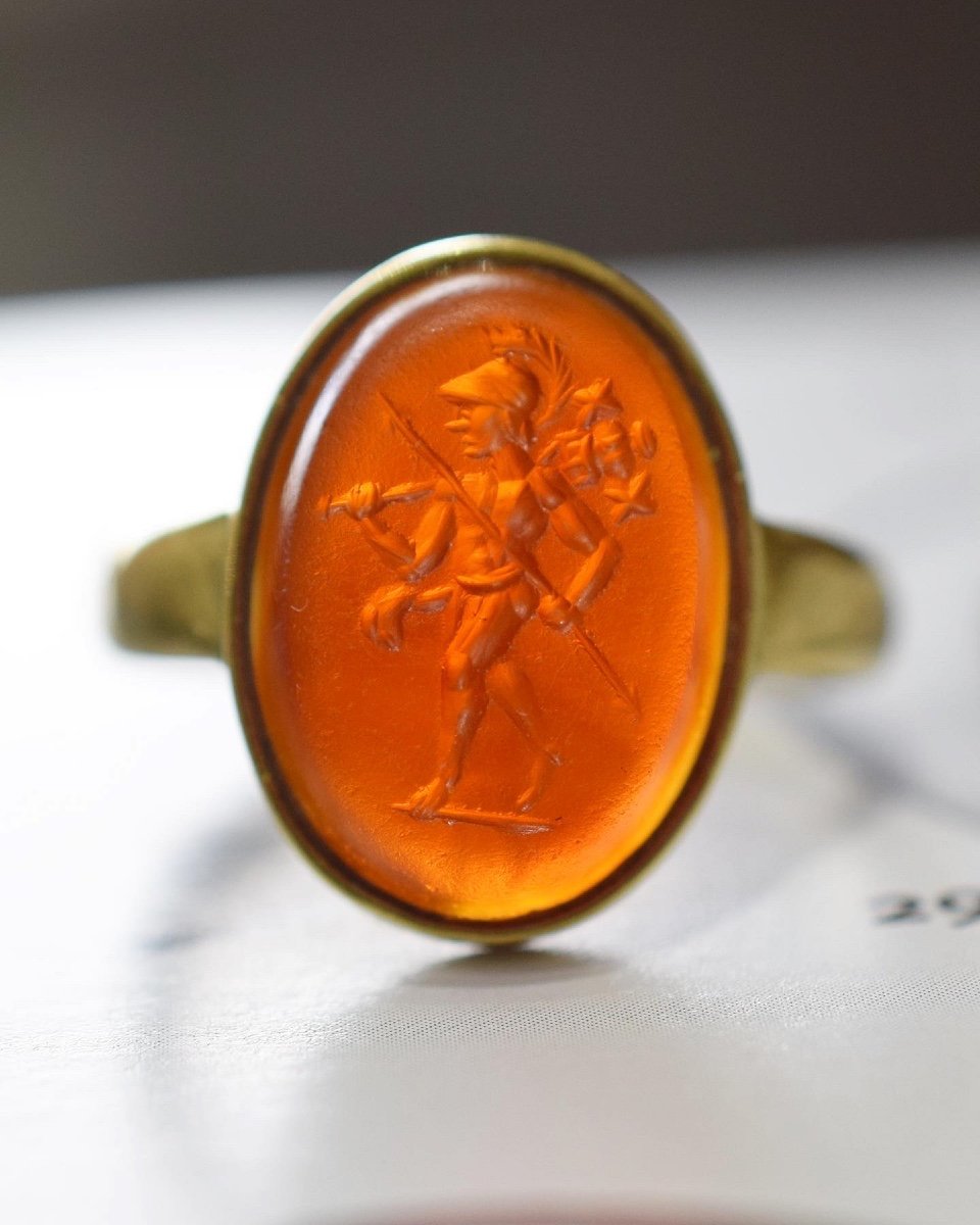 Gold Ring With An Ancient Carnelian Intaglio Of Mars. Roman, 2nd Century A.d.-photo-1