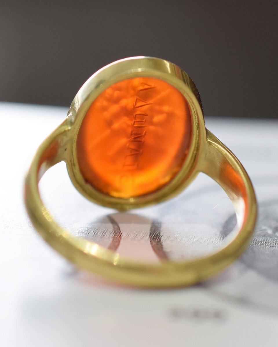 Gold Ring With An Ancient Carnelian Intaglio Of Mars. Roman, 2nd Century A.d.-photo-3