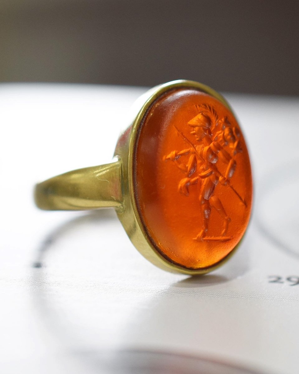 Gold Ring With An Ancient Carnelian Intaglio Of Mars. Roman, 2nd Century A.d.-photo-4