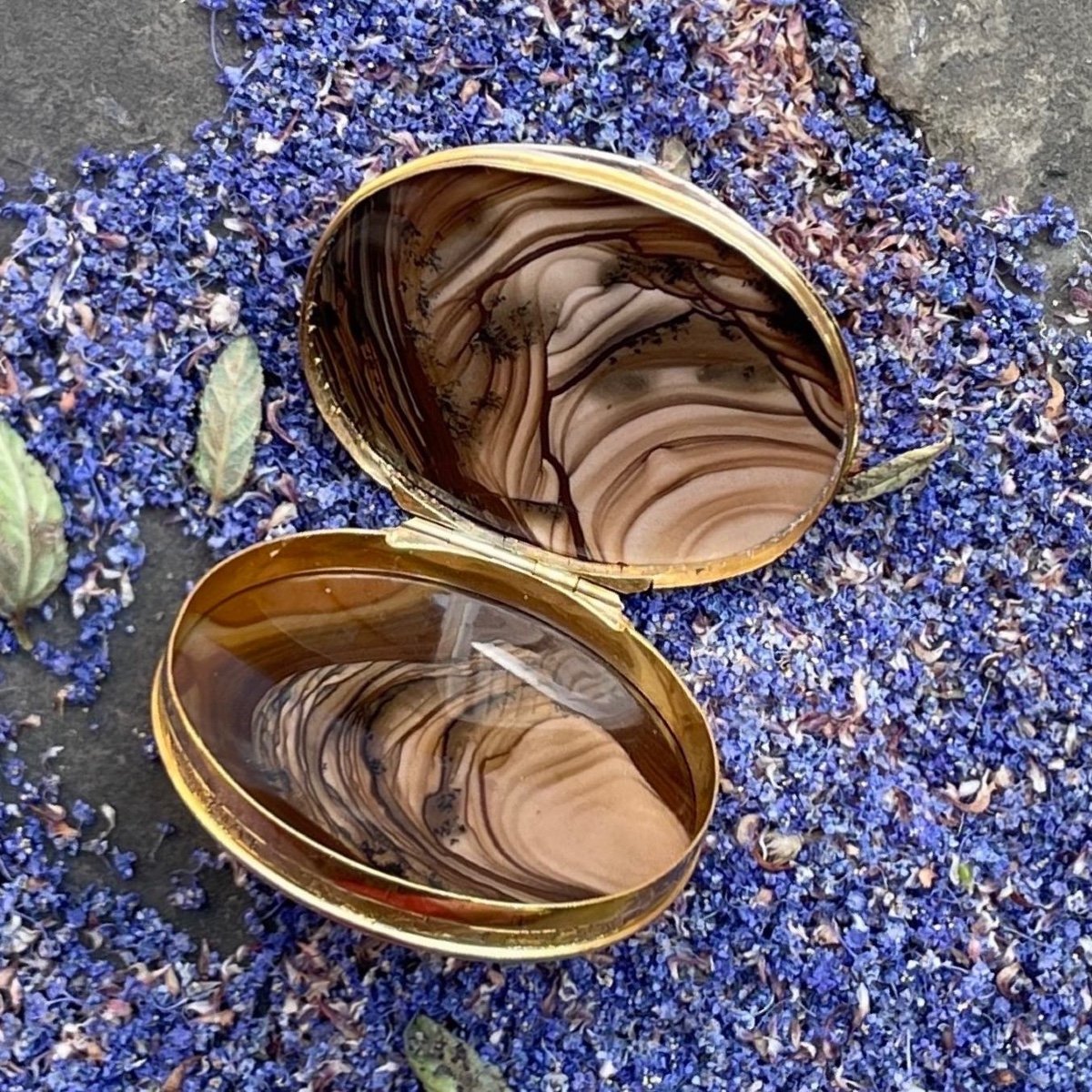Tabatière En Agate De Bois Pétrifié Montée d'Or. Anglais, XVIIIe Siècle.  -photo-3