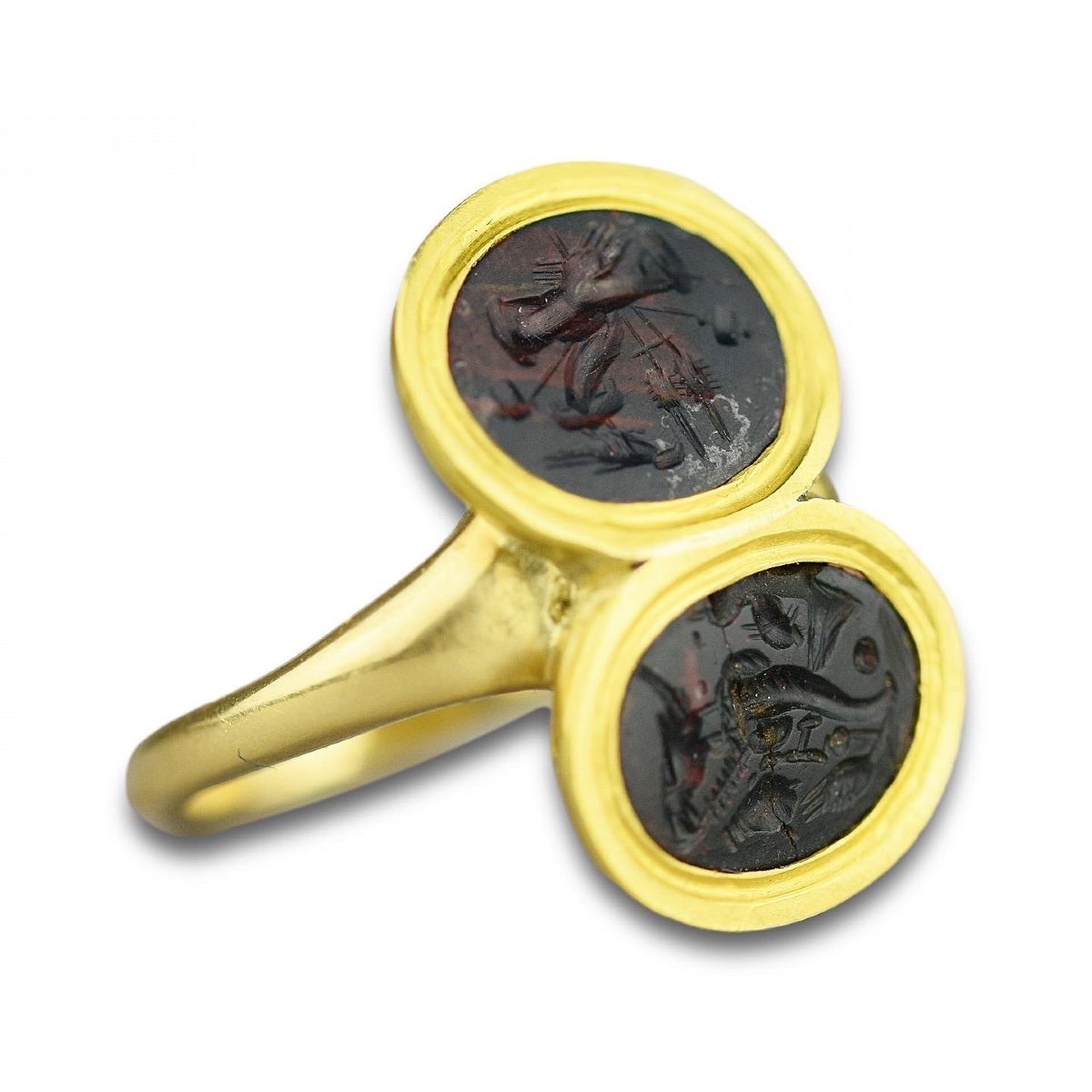 Gold Ring Set With A Matched Pair Of Ancient Heliotrope Allegorical Intaglios.-photo-2