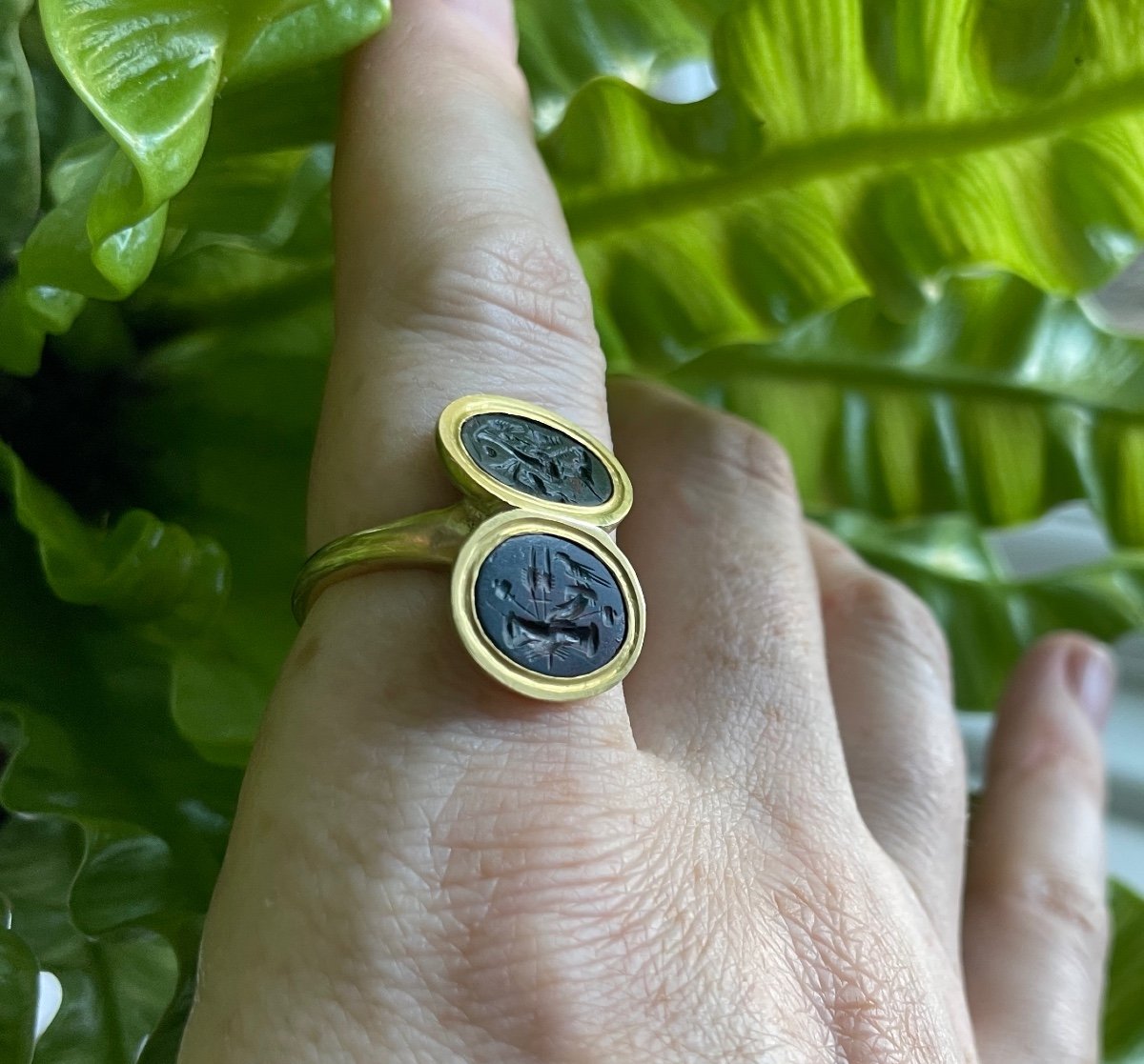 Gold Ring Set With A Matched Pair Of Ancient Heliotrope Allegorical Intaglios.-photo-1