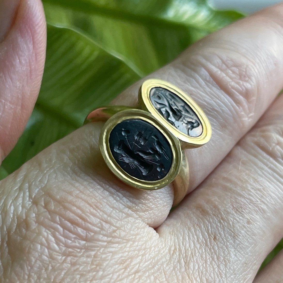 Gold Ring Set With A Matched Pair Of Ancient Heliotrope Allegorical Intaglios.-photo-2