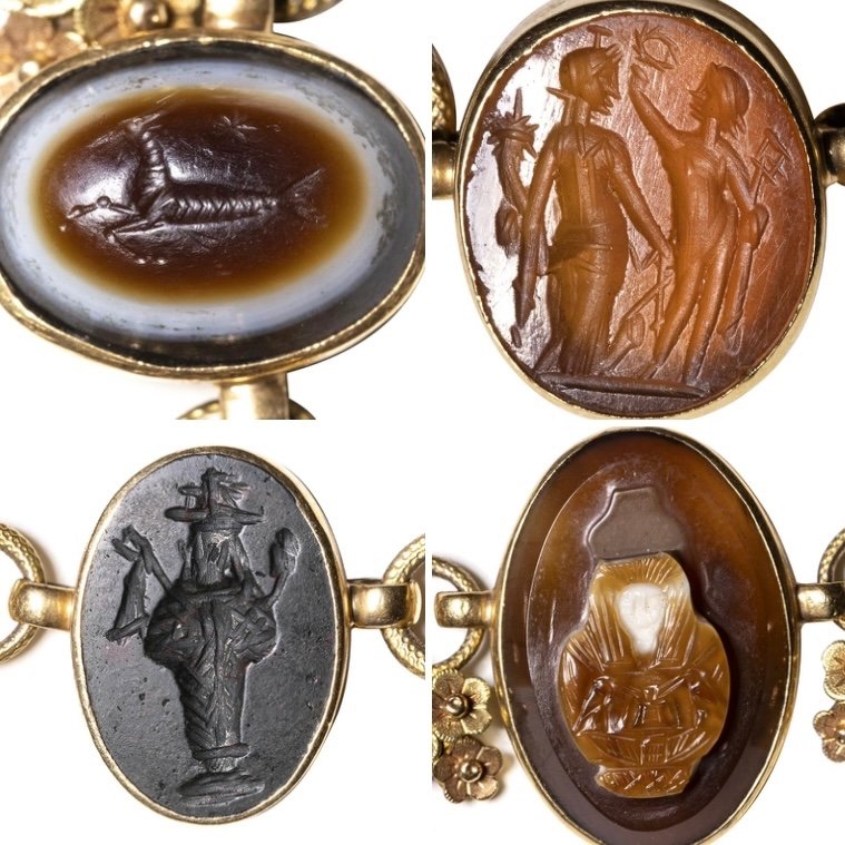 Collier En Or Néo-classique Avec Intailles Et Camées Romains En Pierre Dure. -photo-3