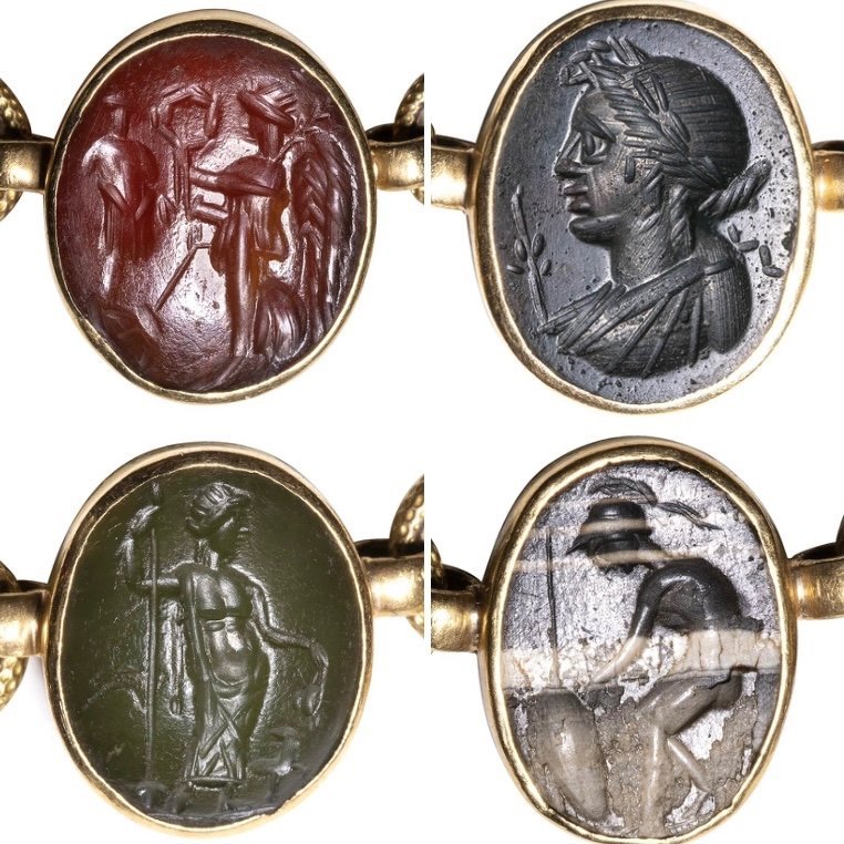 Collier En Or Néo-classique Avec Intailles Et Camées Romains En Pierre Dure. -photo-4